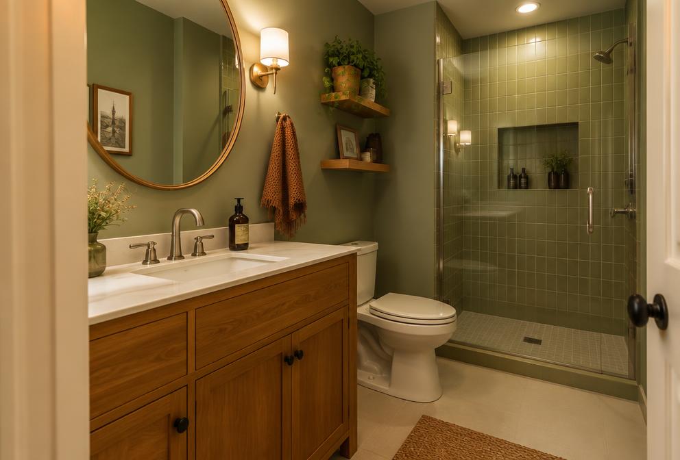 Cozy ensuite bathroom with wooden vanity and warm towel