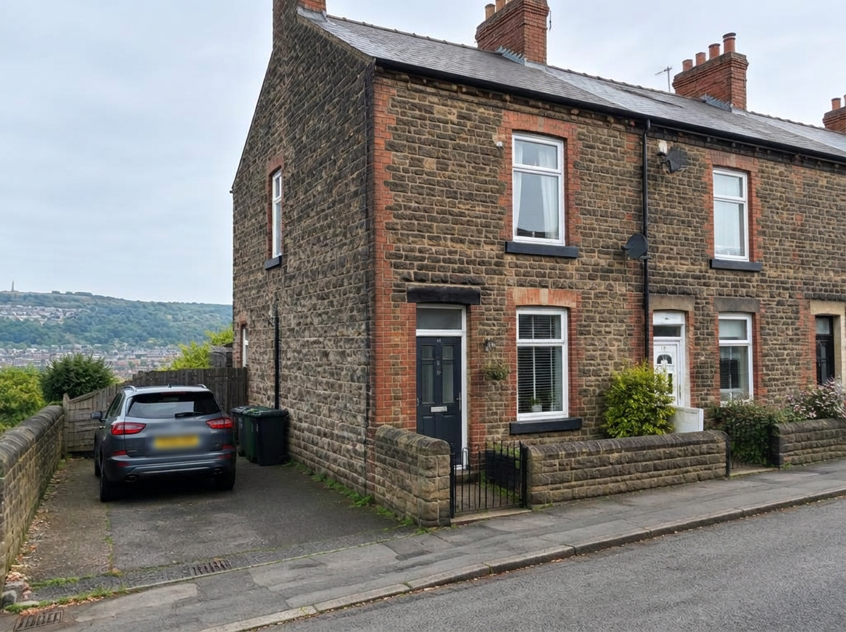 Red-brick terraced houses on a hilly Sheffield residential street